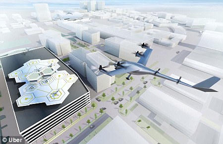 UberAir is a network of small, electric, aircraft that enable four-person ridesharing flights in densely populated areas. Artist's impression shown