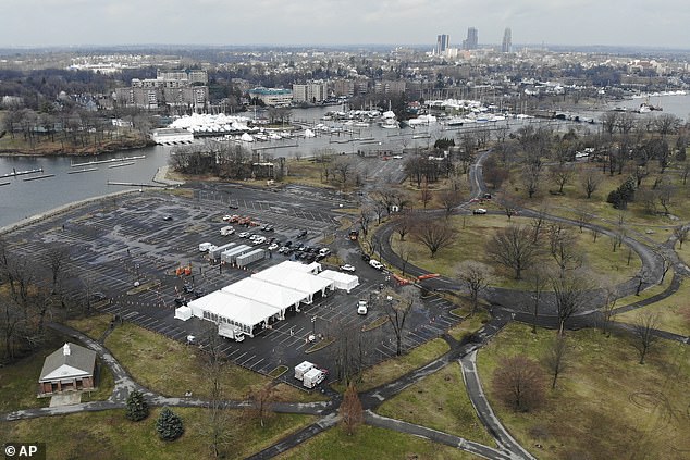 The drive-thru testing site in New Rochelle is seen from the air in this Friday photograph