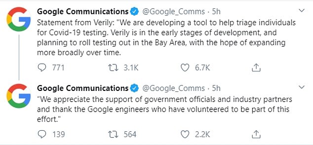 Verily said in a statement: 'We are developing a tool to help triage individuals for Covid-19 testing. Verily is in the early stages of development, and planning to roll testing out in the Bay Area, with the hope of expanding more broadly over time'