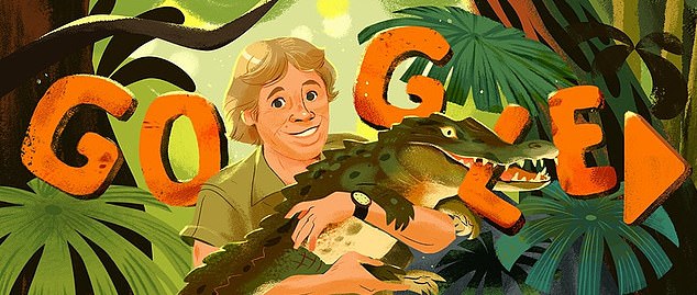 Google's  featured illustrations of Irwin, a globally recognized conservationist who died in 2006, working with animals at the Australia Zoo on its home page on Friday (above)