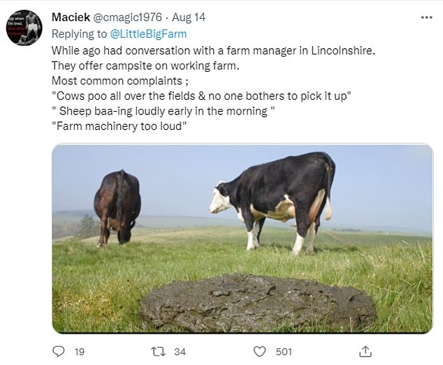 Another Twitter user wrote that visitors' complaints to a farm in Lincolnshire, including 'cows poo all over the field' and 'sheep baa-ing in the morning'