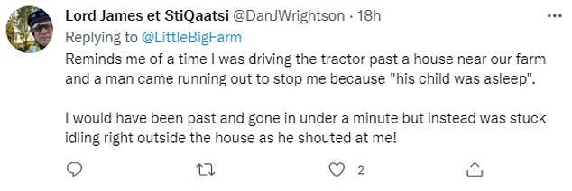 Dan Wrightson described driving a tractor and being confronted by a man who complained that 'his child was asleep'