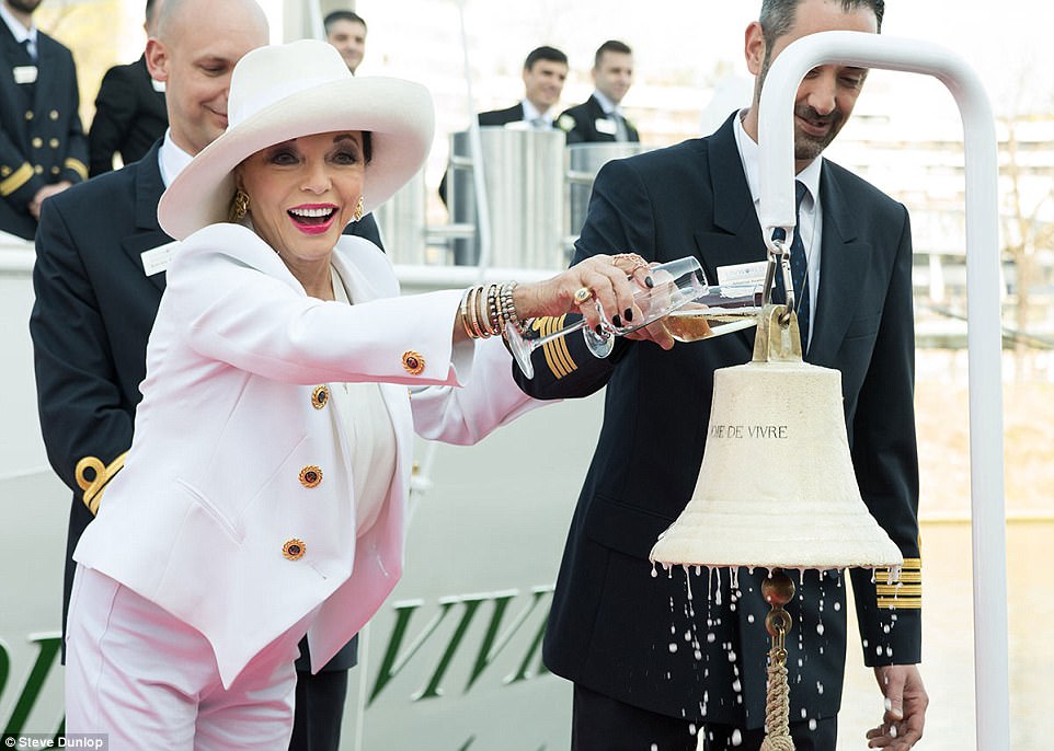 Hollywood chic: Joan Collins christens the SS Joie de Vivre, which has 54 luxurious suites, eight junior and two royal suites