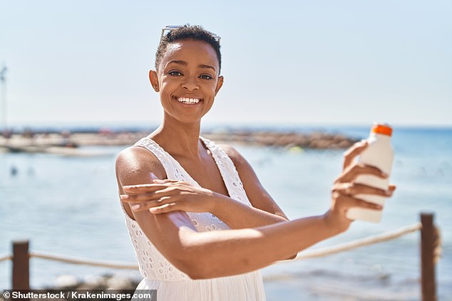 Up to 80 per cent of facial ageing is due to damage from UV light (file image of a woman applying sunscreen lotion at seaside)