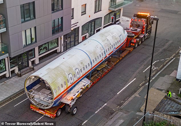 The front half of the BAC 1-11 was hauled through the streets of Southampton on its way to Solent Sky Museum after it was saved from being scrapped